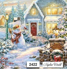 (2422) TWO Paper Luncheon Decoupage Art Craft  Napkins - CHRISTMAS SNOWMAN HOUSE