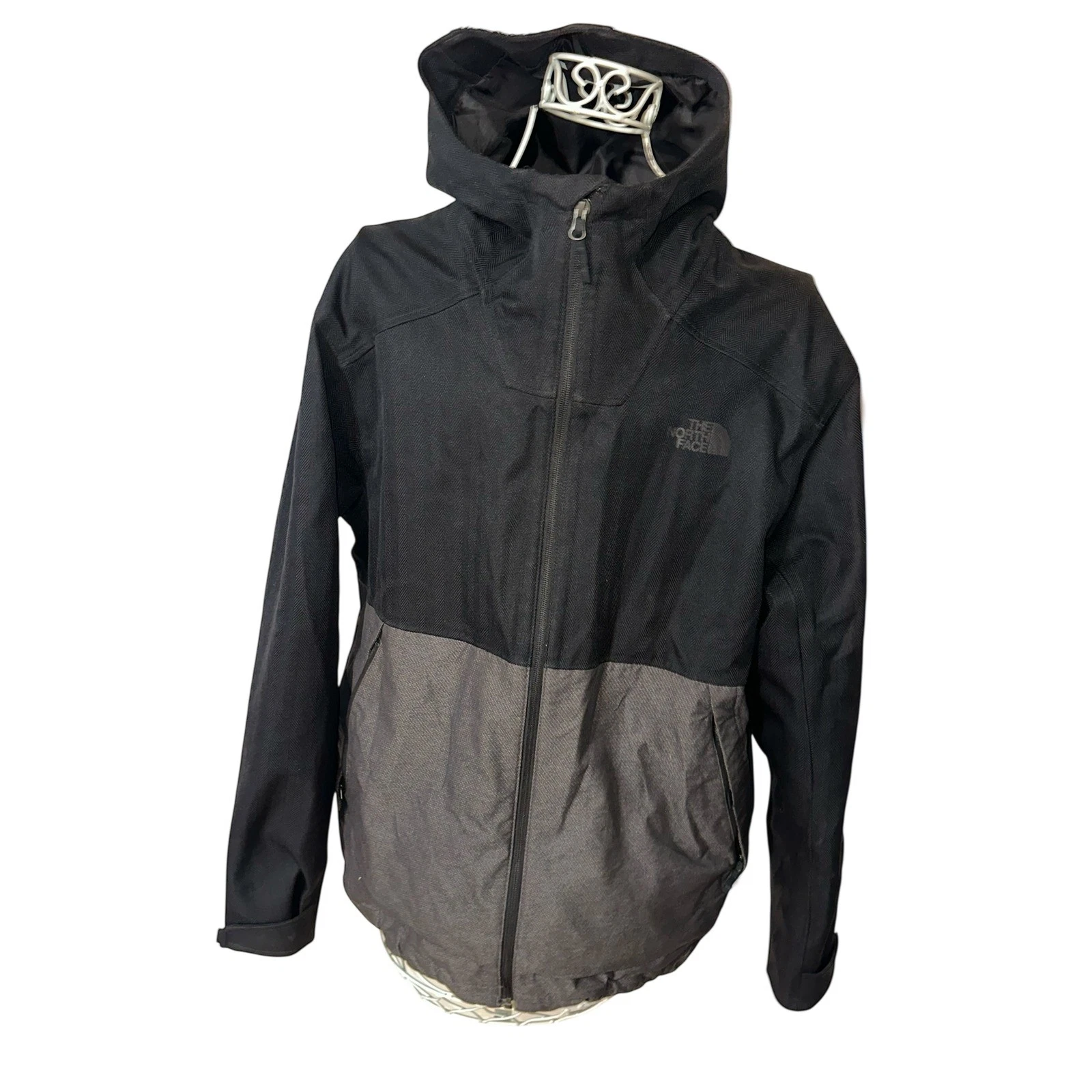 The North Face Mens XL Hooded Softshell Jacket Black Grey Colorblock Herringbone