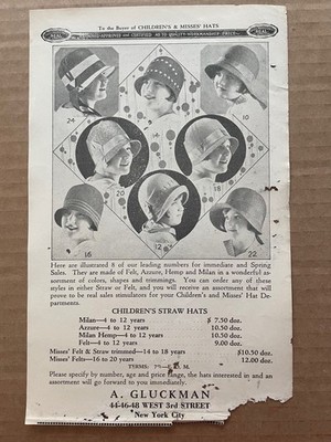 Vintage FASHION APPAREL AD Poster Gluckman New York Hats Children's Misses #8
