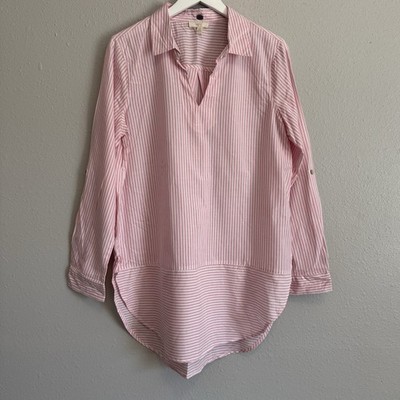 Cupio Pink White Striped Cotton Tunic Blouse Large Hi-Low Lagenlook Coastal