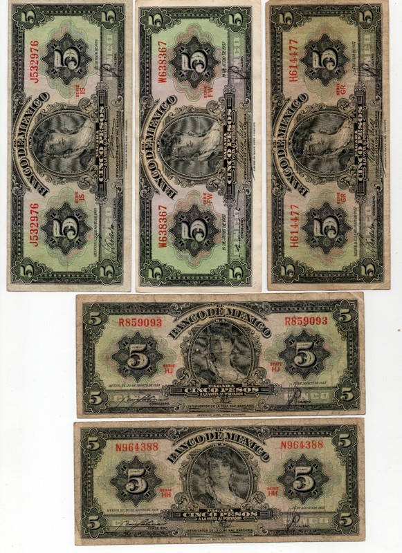 Banco de Mexico 5 Pesos La Gitana 1957, 1958, 1959 Set of 5 Mexican banknotes