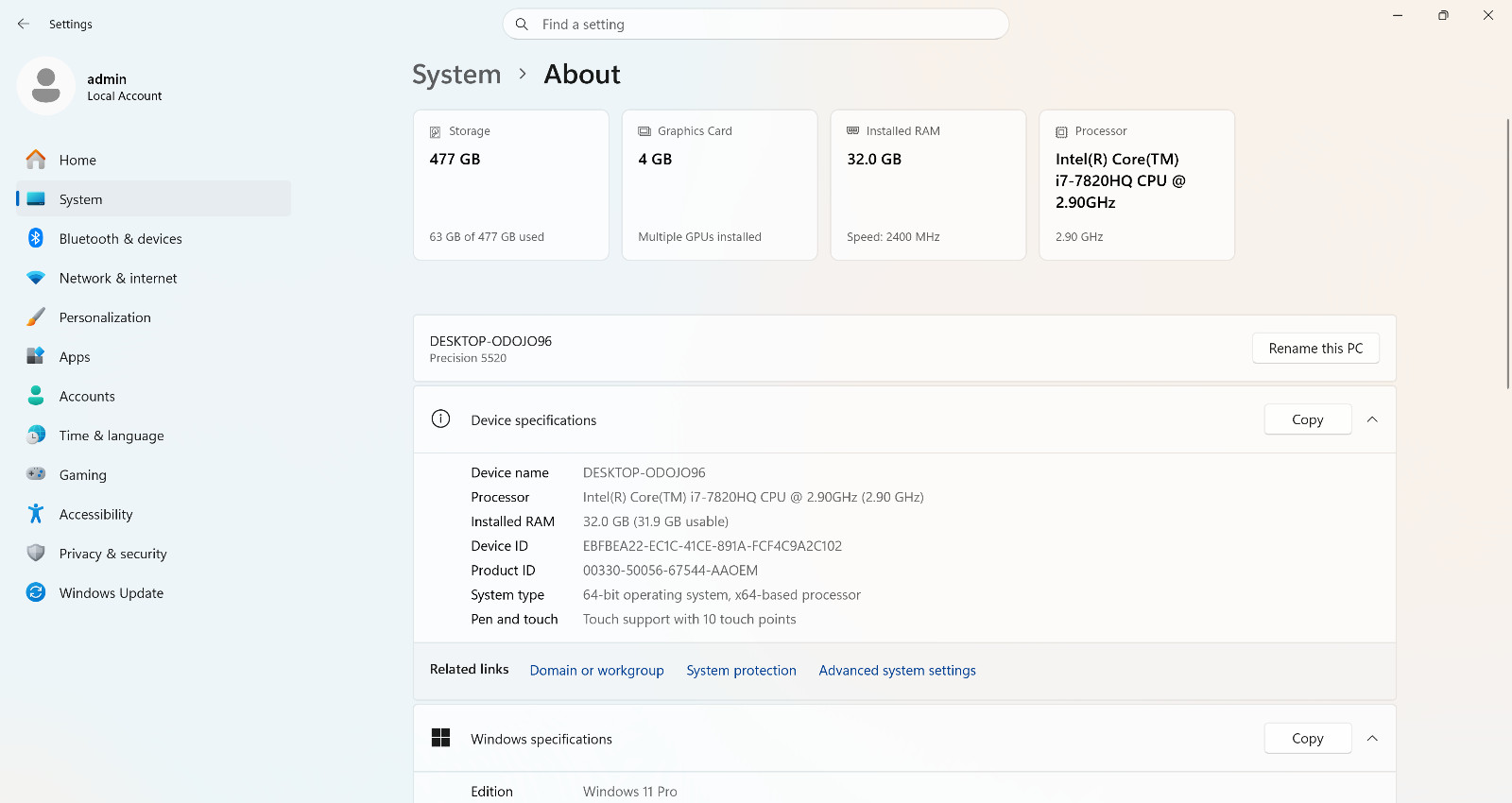 Dell Precision 5520 Precision 5520, 15-Inch Laptop, with Intel Core i7-7820HQ, 512GB SSD (Solid State Drive), Windows 11 Pro
