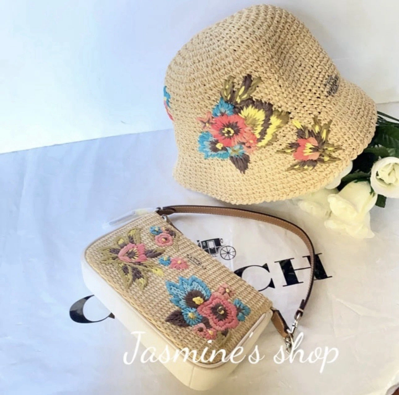 Cappello Coach Nolita 19 nuovo con etichetta con ricamo floreale CJ724 + floreale all'uncinetto CK691