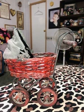 Vintage antique Victorian baby doll carriage stroller buggy wicker steel 
