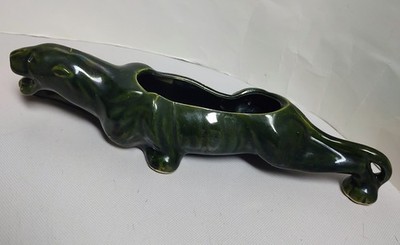 Vtg 50s 60s Art Deco MCM Roaring Stalking Panther Planter Dark Green 10'' McCoy ?