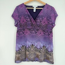 Liz Wear Y2K Purple Floral Paisley Babydoll Stretch Blouse Top XL Whimsigoth