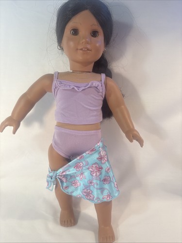 American Girl Doll Ruffled Swimsuit Tankini Outfit - Purple Swimwear Set & Wrap - Picture 2 of 5