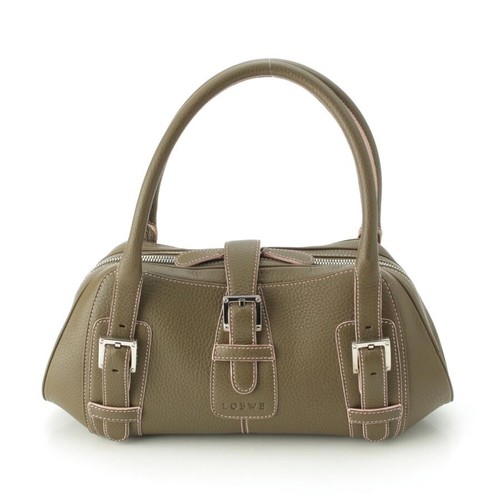 LOEWE Senda Leather Logo Buckle Khaki Pink Handbag Tote Auth