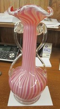 Hand Blown Murano Style Art Glass Vase Red, Orange  White Clear Double Handles