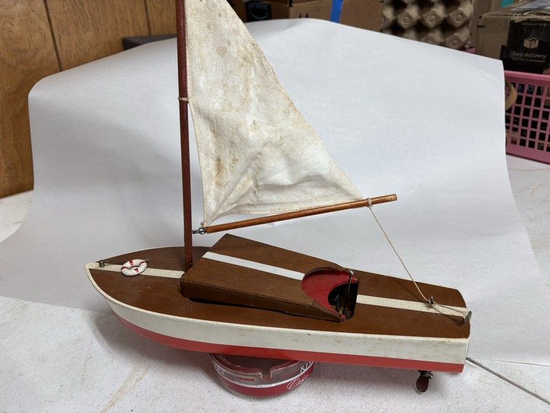 VINTAGE CRAGSTAN WOOD TOY BOAT WITH INBOARD AND SAIL POWER
