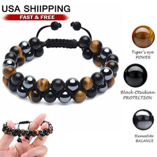 Men 8mm Beads Bracelet Triple Protection Black Obsidian Hematite Bracelet