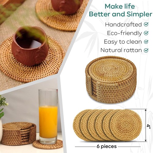Handmade Natural Rattan Coasters for Drinks, Wicker Boho Coasters, Woven Coas... - Picture 5 of 8