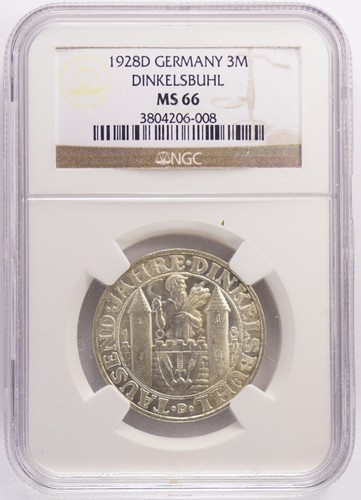 1928D Weimar Republic 3 Reichsmark 1000th Anniv. of Dinkelsbühl NGC MS66 KM# 59