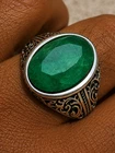 Real Columbian Green Emerald Stone Mens Solid 925 Silver Ring - Oxidized Vintage