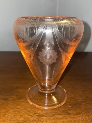 Pink Depression Glass With Etched Flowers Small Vase/Parfait Dish