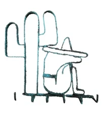 Southwest Turquoise Cactus Metal Key Holder Organizer Cup Hang Wall Mount