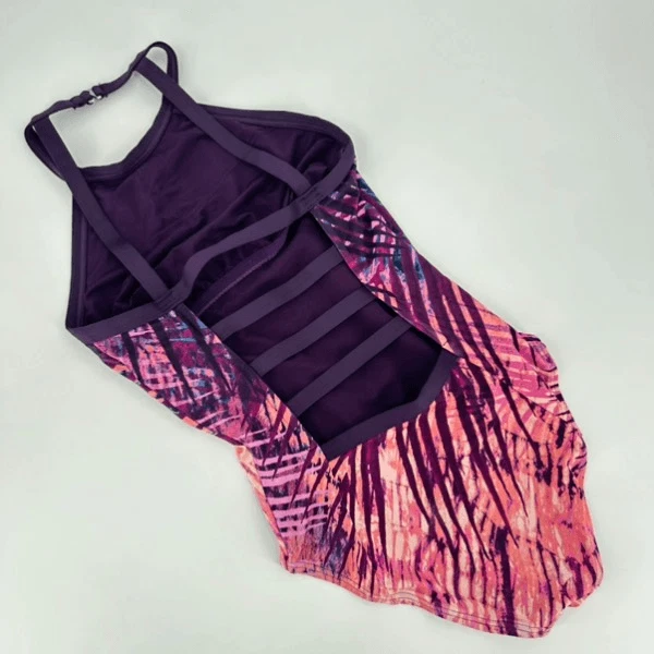 Traje de baño para mujer Carmen Marc Valvo tropical palmera halter espalda abierta púrpura talla 4 Foto 3 de 4