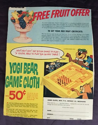 KELLOGG'S CORN FLAKES  CEREAL BOX BACK  YOGI BEAR  GAME CLOTH AD  C. 1962