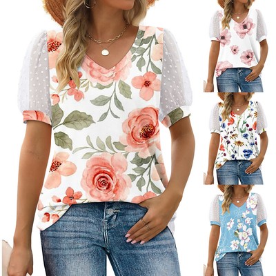 Women Floral V Neck Tunic Tops Ladies Summer Loose Casual T-Shirt Blouse Tees *