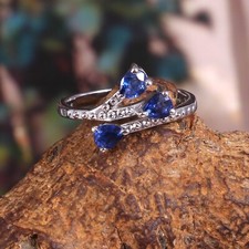 Three stone blue sapphire ring for girls 925 Silver Wedding  Engagement Gift