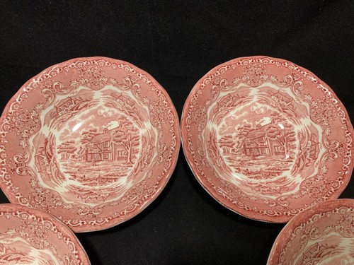 W. H. Grindley 5 Cereal Bowls 6 3/4" PINK Transferware ENGLISH COUNTRY INNS - Picture 6 of 8