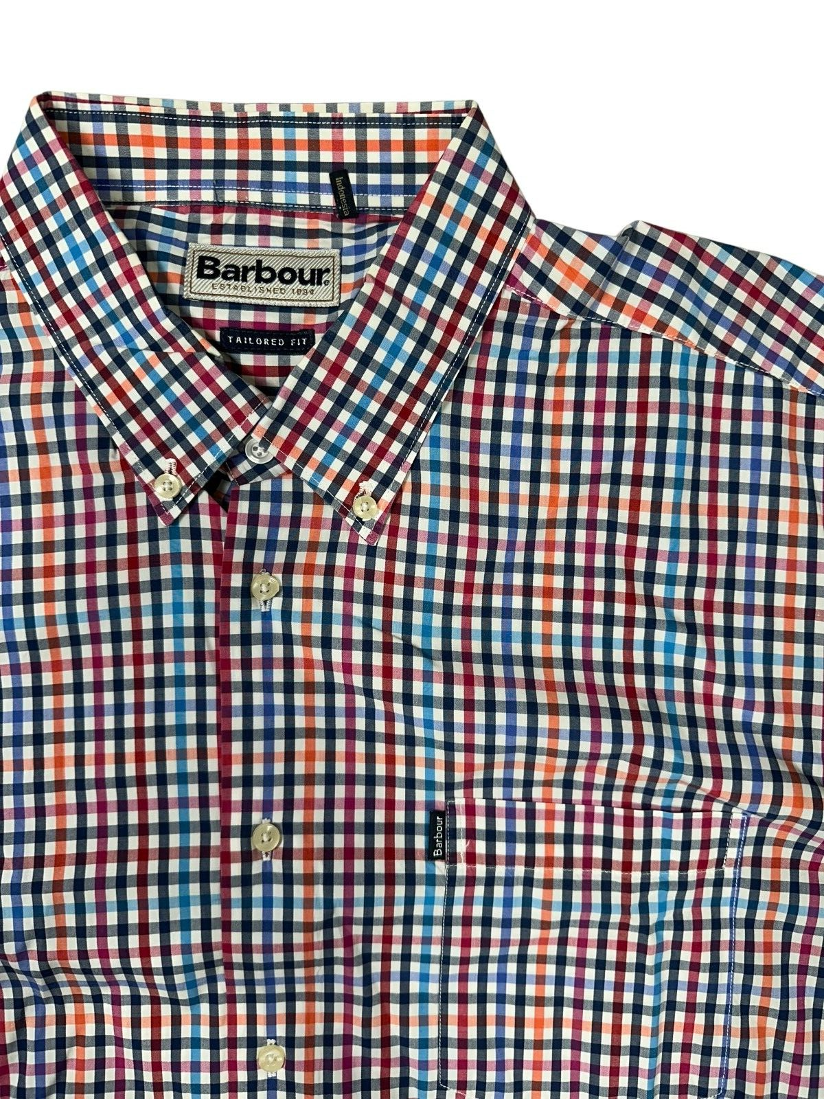 Barbour Tailored Fit Long Sleeve Button Down Mens XL Red Blue Check Business