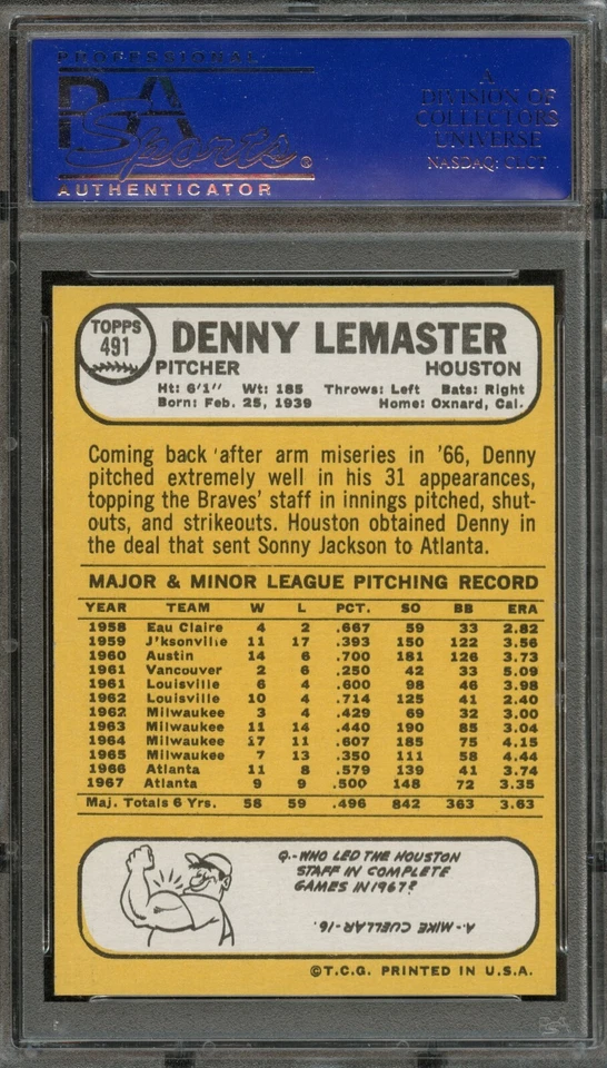 BB - 1968 Topps - #491 - Denny Lemaster - PSA 9 - MINT - Image 2 of 2