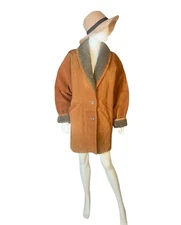 vintage Fox Run Suede Leather Sherpa Trim Coat Brown Tapered Rancher Western M