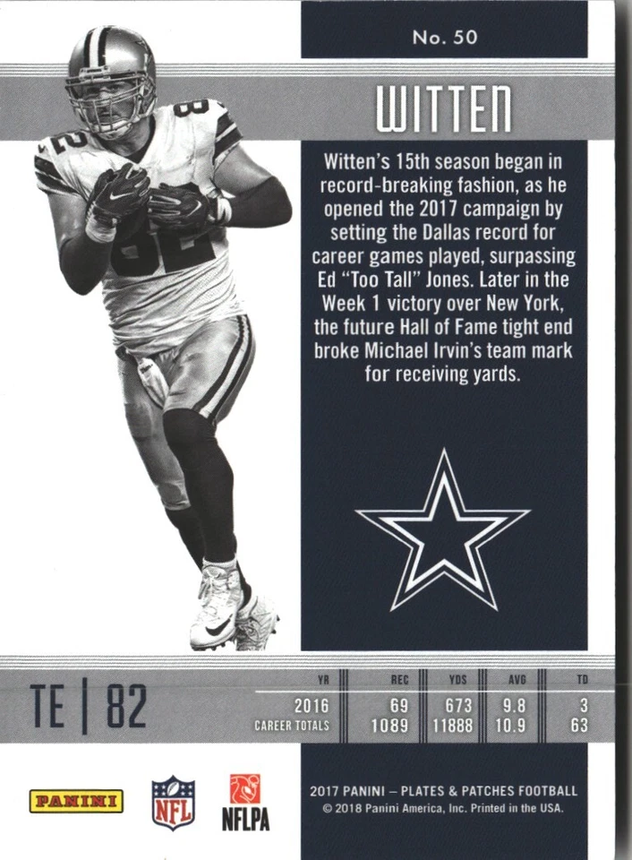 2017 Panini Plates & Patches Blue Jason Witten /50 Dallas Cowboys #50 - Image 2 of 2