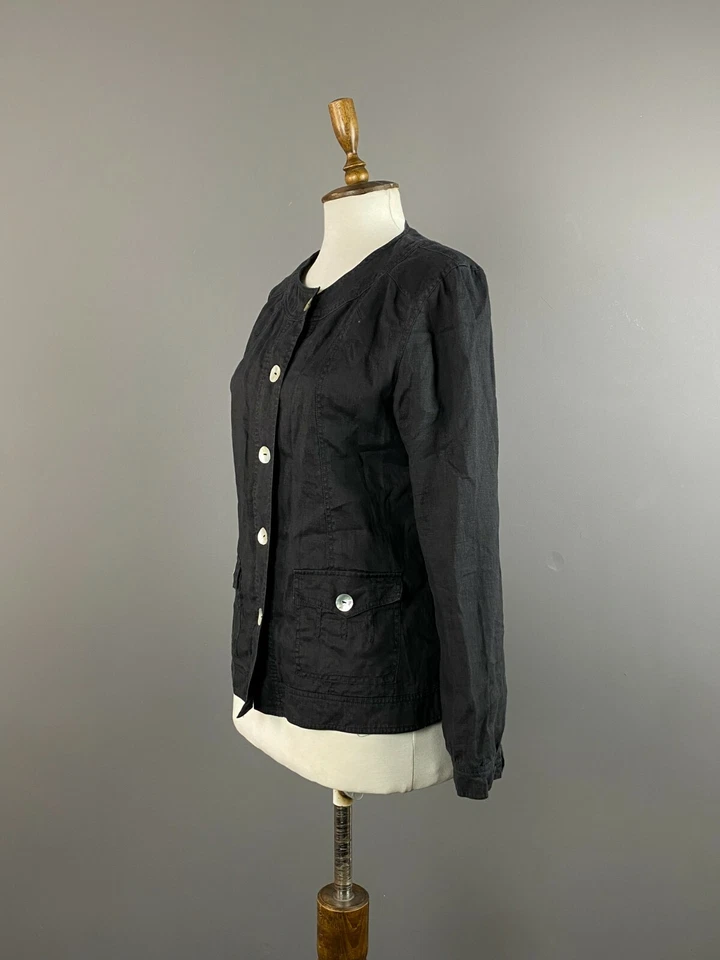 Mujer BRUNELLO CUCINELLI Negro Lino Botón Blazer Chaqueta Talla L Foto 4 de 4