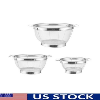 Stainless Steel Colander Set Fine Mesh Strainers W/ Loop Handles Pedestal Base