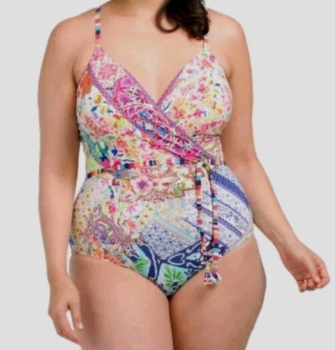 JOHNNY WAS-LOCITA SWIMSUIT-1 Piece Colorful Boho Beauty Faux Wrap Tie Belt Sz 2X