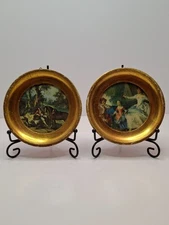 Pair Antique c1900 Chromolithographs Rococo Pastoral & Hunter with Dog & Horse