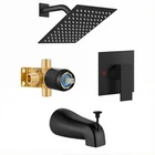 Black Shower Faucet Set 8" Rainfall Head Combo System Mixer Valve Kit&Tub Spout