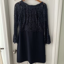 Talbots Dress Womens Sz 8 Navy Blue Lace knee length formal wedding cocktail