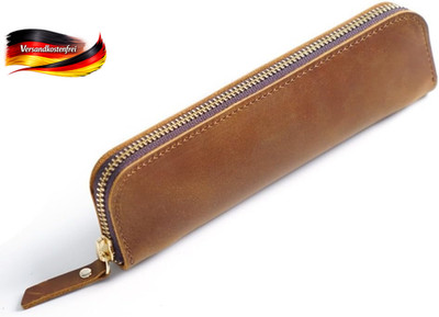 Leder Federmäppchen Vintage Stifttasche mit 4 Stift-Schlaufen Reißverschluss Dam