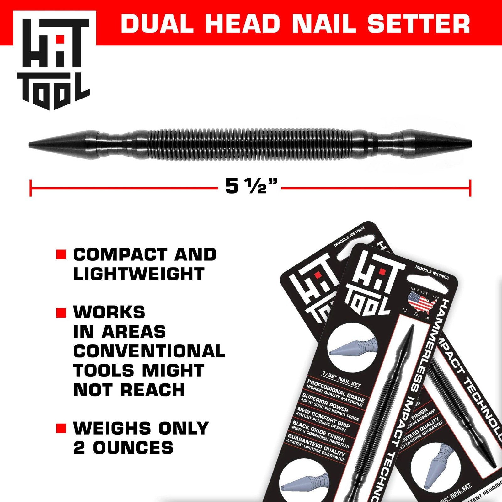 HIT Tools 2-in-1 Spring Loaded Nail Set – Dual Tip 1/32" & 2/32" Hammerless N...