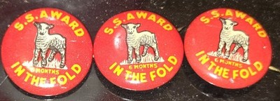 THREE S.S IN THE FOLD 6 MONTHS PINBACK SHEEP BETTER SUPPLIES ROYAL OAK MICHIGAN 