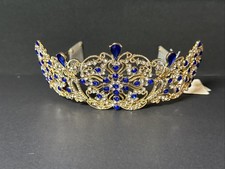Princess Tiara, Gold Wedding Tiara, Pageant Crown, Blue/Crystal Hairpiece