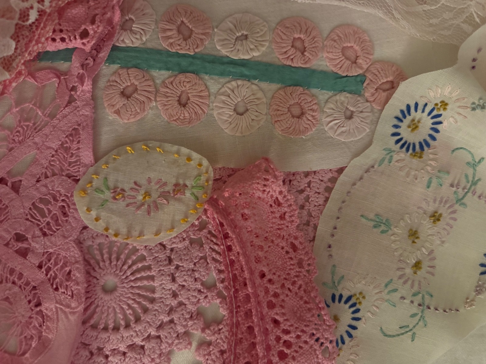 Slow Stitch Misc lot Pink Fabric Lace Button Junk Journal Kit vintage