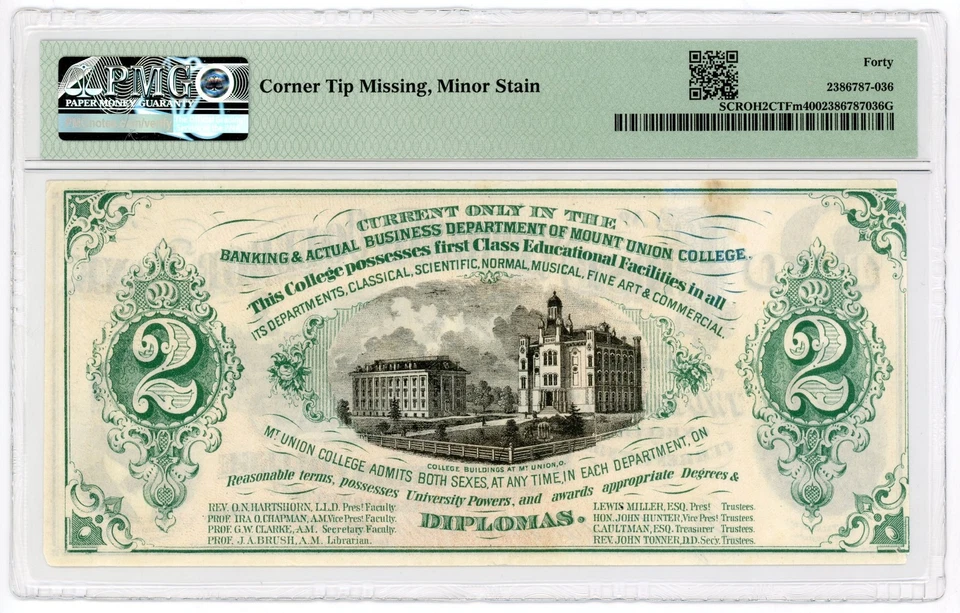 1800's $2 Mount Union College - Mt. Union, OHIO College Currency Note PMG XF 40 - Image 2 of 2