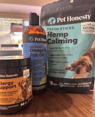 Pethonesty Combo Calming Hemp 30 Sticks+ 16oz Omega Oil + Allergy Support 90 Ct