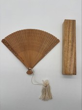 Sandalwood Folding Fan Carved Design Wooden Case Tassel Vintage Japan Ship