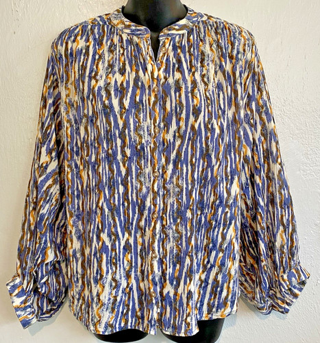 Anthropologie Pilcro Blue Yellow Batwing Ikat Boho Long Sleeve Button Top M