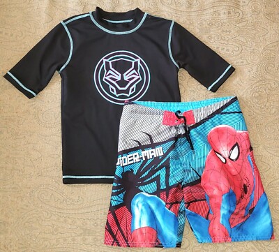 MARVEL Lot of Boys Swim Shirt BLACK PANTHER Swim Shorts SPIDERMAN S  (6/7) - Main Image