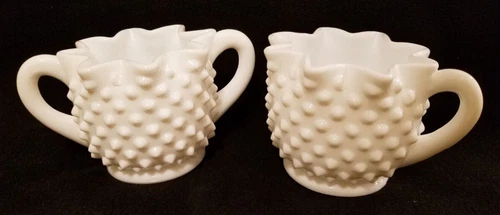 Vintage FENTON White Milk Glass Hobnail Star Shaped Cream and Sugar Set