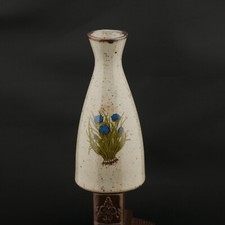 Takahashi Japanese pottery Vintage Takahashi Speckled Stoneware Sake Bottle Vase with Woven Rattan Medallion — listing 3