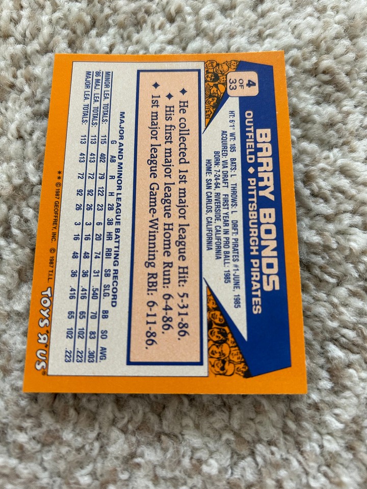 BARRY BONDS ROOKIE TOYS R US EDITION 1987 PITTSBURGH PIRATES BASEBALL