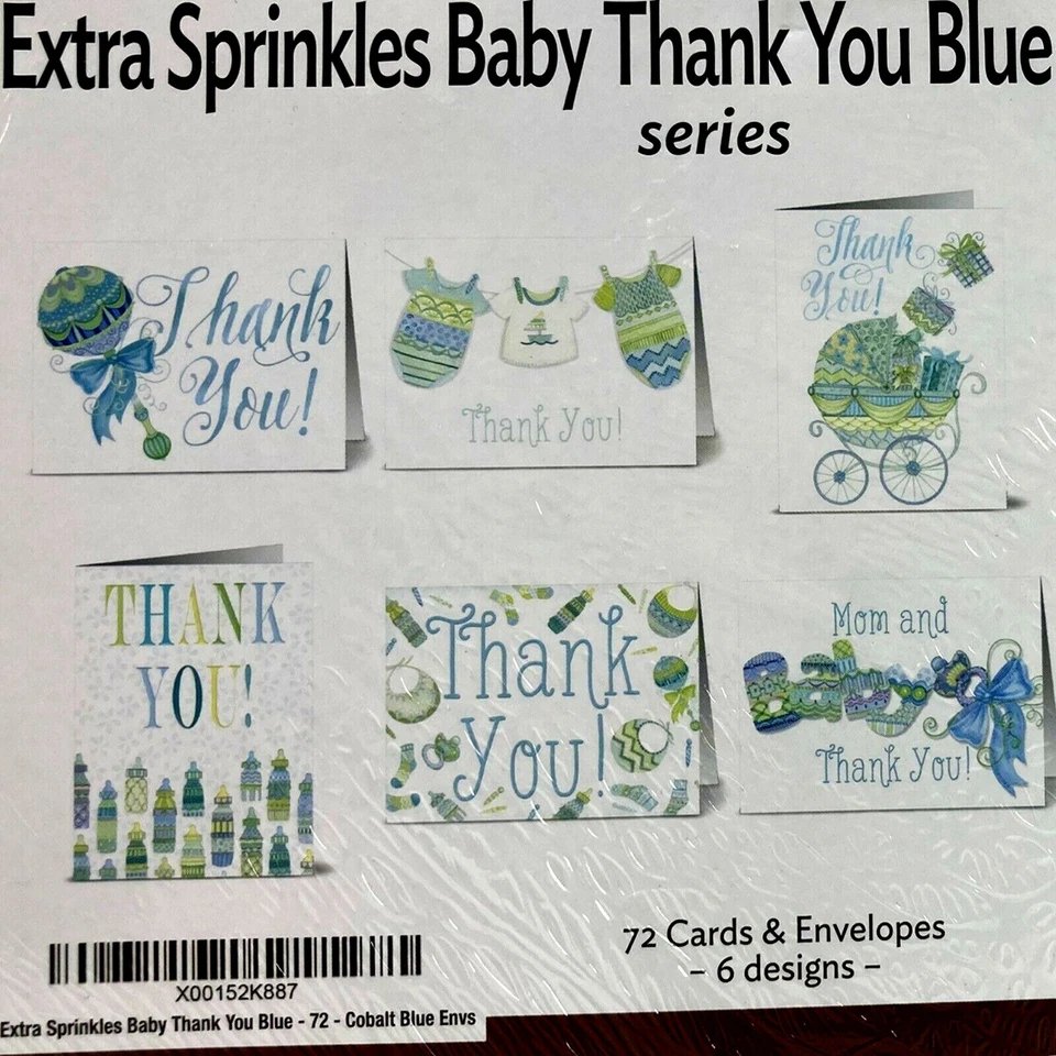 72 Cards & Envelopes - Extra Sprinkles Baby Thank You Cards - 6 Designs BLUE ENV - Image 2 of 4