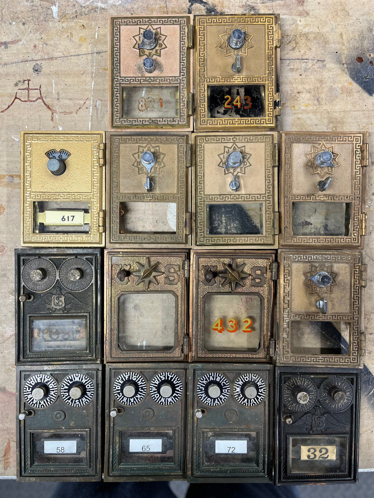 Lot of 14 Vintage Brass Post Office Box Doors Combination Locks Very